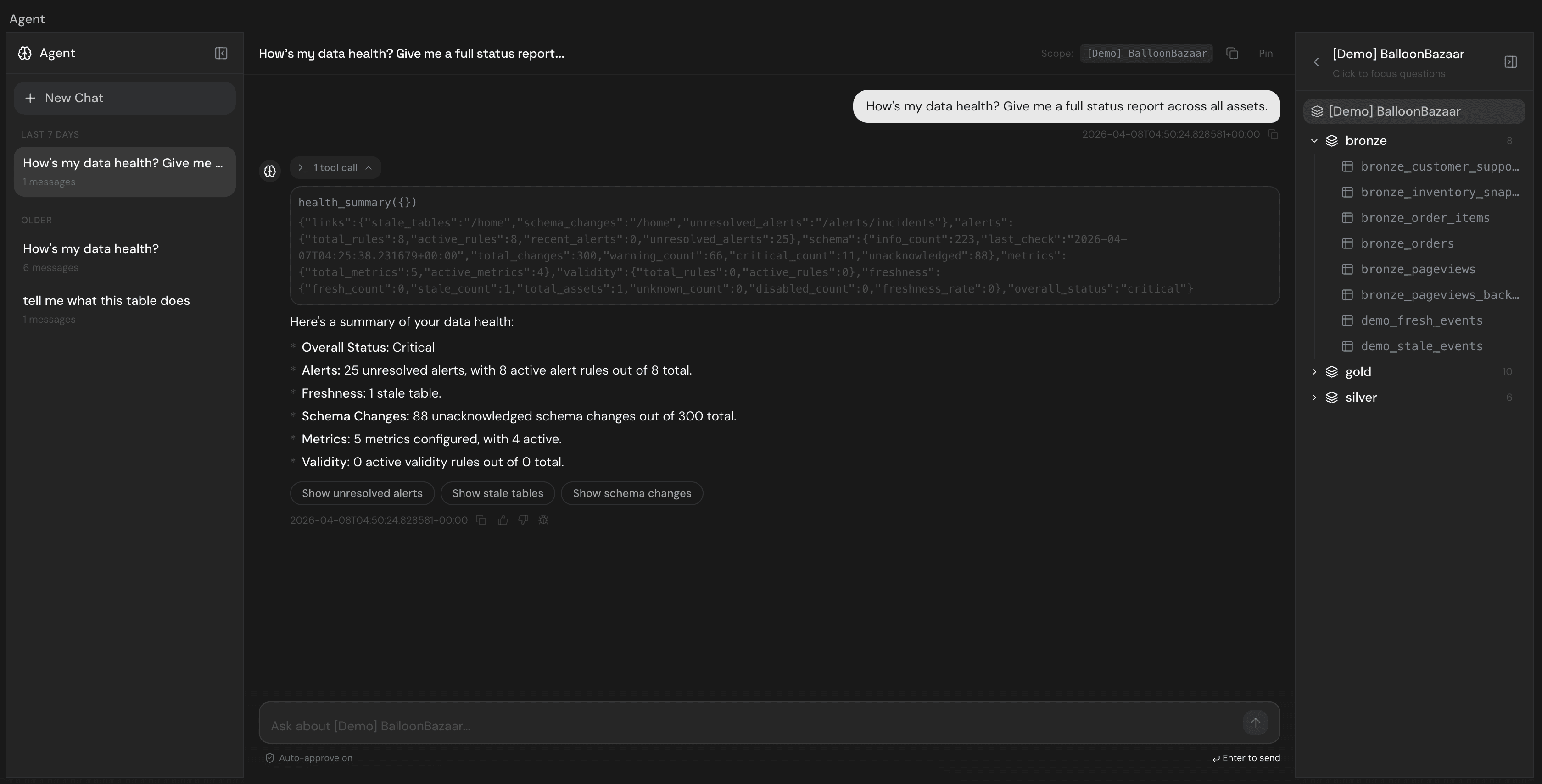 Ask AnomalyArmor about your data health in natural language