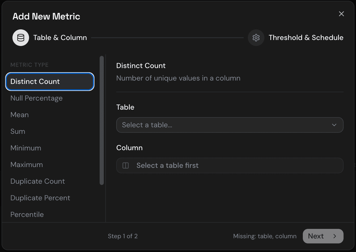 AnomalyArmor data quality metric builder